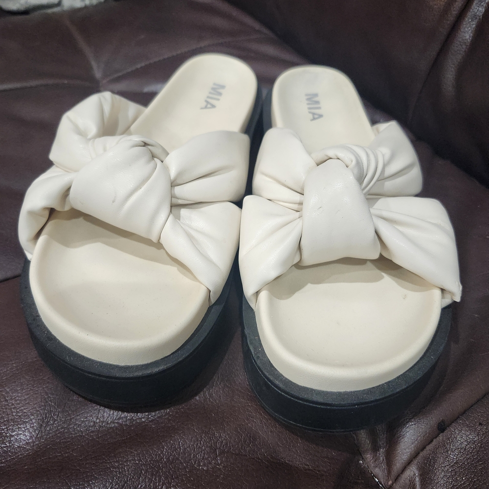 MIA Cream and Black Mules with Bow Accent